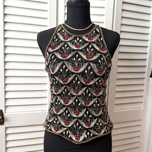 Vintage Papell Boutique Evening 100% Silk Beaded Sequined Top SIze M Halter